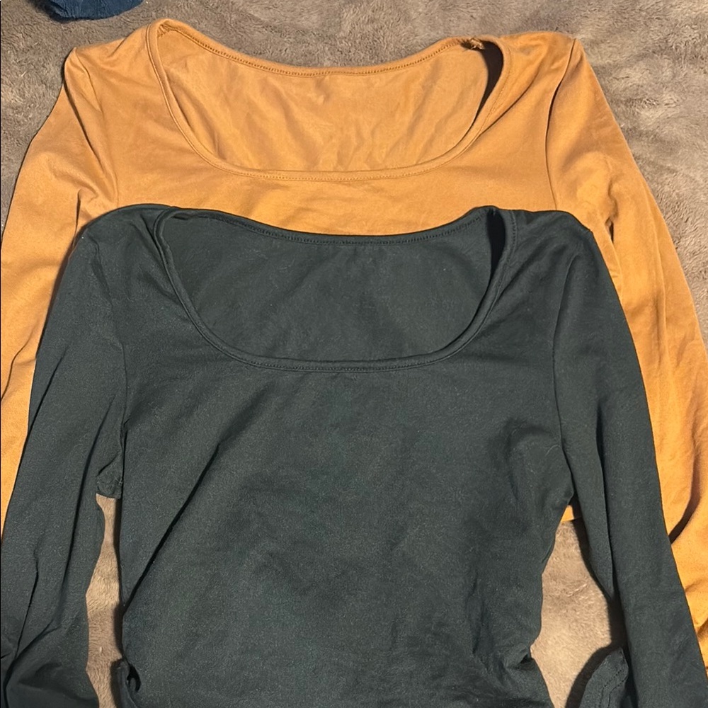 Women's Long Sleeve Tees - Mustard and Dark Green